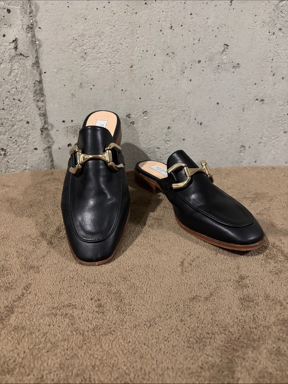 Steven By Steve Madden Black Faux Leather Brita Mules with Gold Hardware - Size
